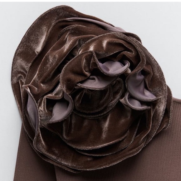 *NWT* Zara Mink Asymmetric Knit Top with a velvet floral detail on the shoulder - Picture 3 of 6
